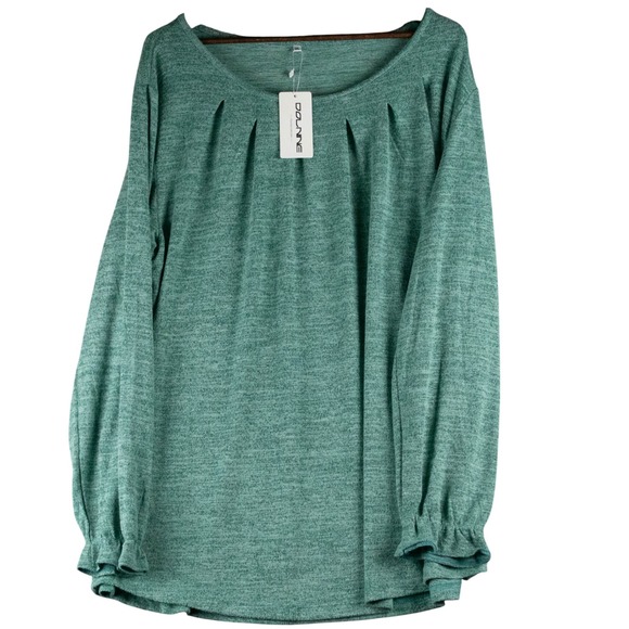 Plus Size 3X Heatherd Teal Green Boho Pleated Scoop Neck Long Sleeve Top - Picture 1 of 7